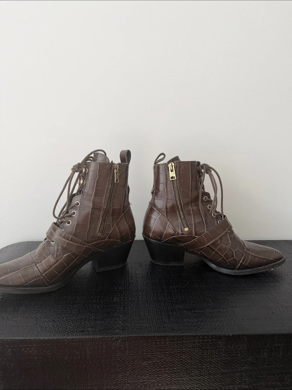 All Saints Brown Croc-Embossed Lace-Up Ankle Booties
